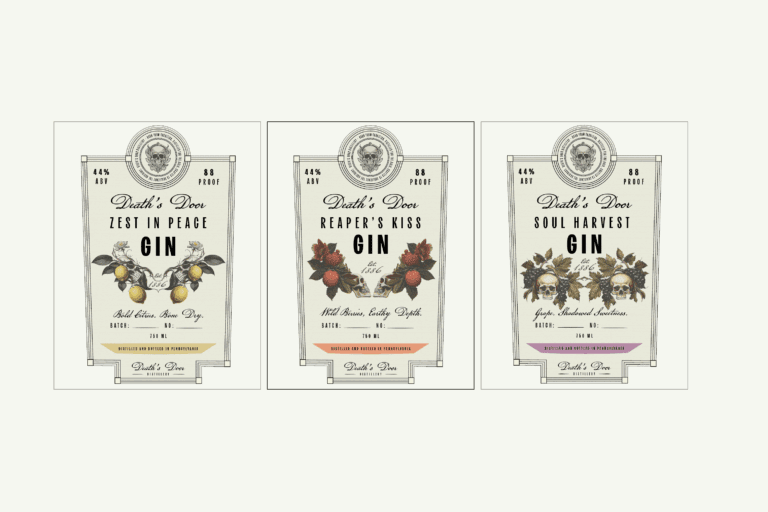 Set of Three Liquor Label Designs – Creative Packaging for Alcohol Brands - Ink & Arrow Marketing Co. Three distinct liquor bottle label designs showcasing unique branding and packaging styles